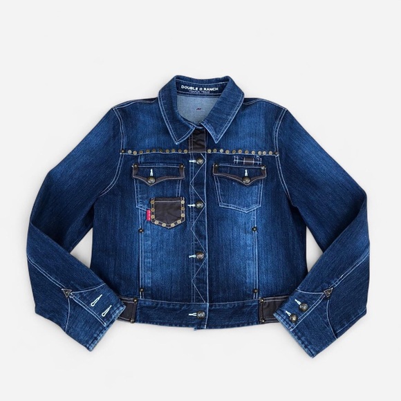 RARE Double D Ranch Bull Denim Leather Patchwork Jacket Western Blue Brown Rodeo - Picture 3 of 11